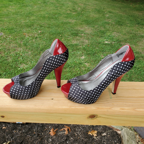 Madden Girl Shoes - Madden Girl Red Patent and B&W Satin Open Toe Heel